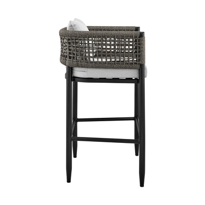 Felicia Outdoor Patio Bar Stool in Aluminum with Gray Rope and Cushions