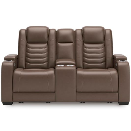 High Impact Leather Power Reclining Console Loveseat