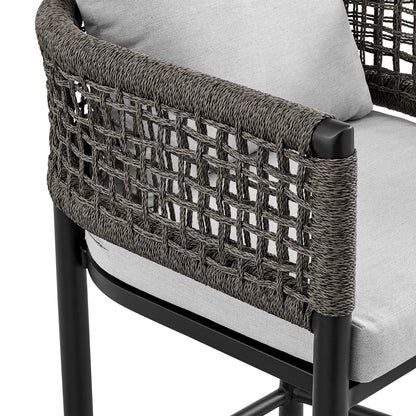 Felicia Outdoor Patio Bar Stool in Aluminum with Gray Rope and Cushions