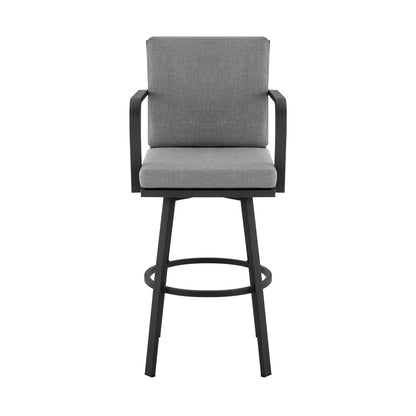 Don 30" Outdoor Patio Swivel Bar Stool in Black Aluminum with Grey Cushions