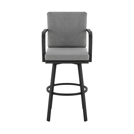 Don 30" Outdoor Patio Swivel Bar Stool in Black Aluminum with Grey Cushions