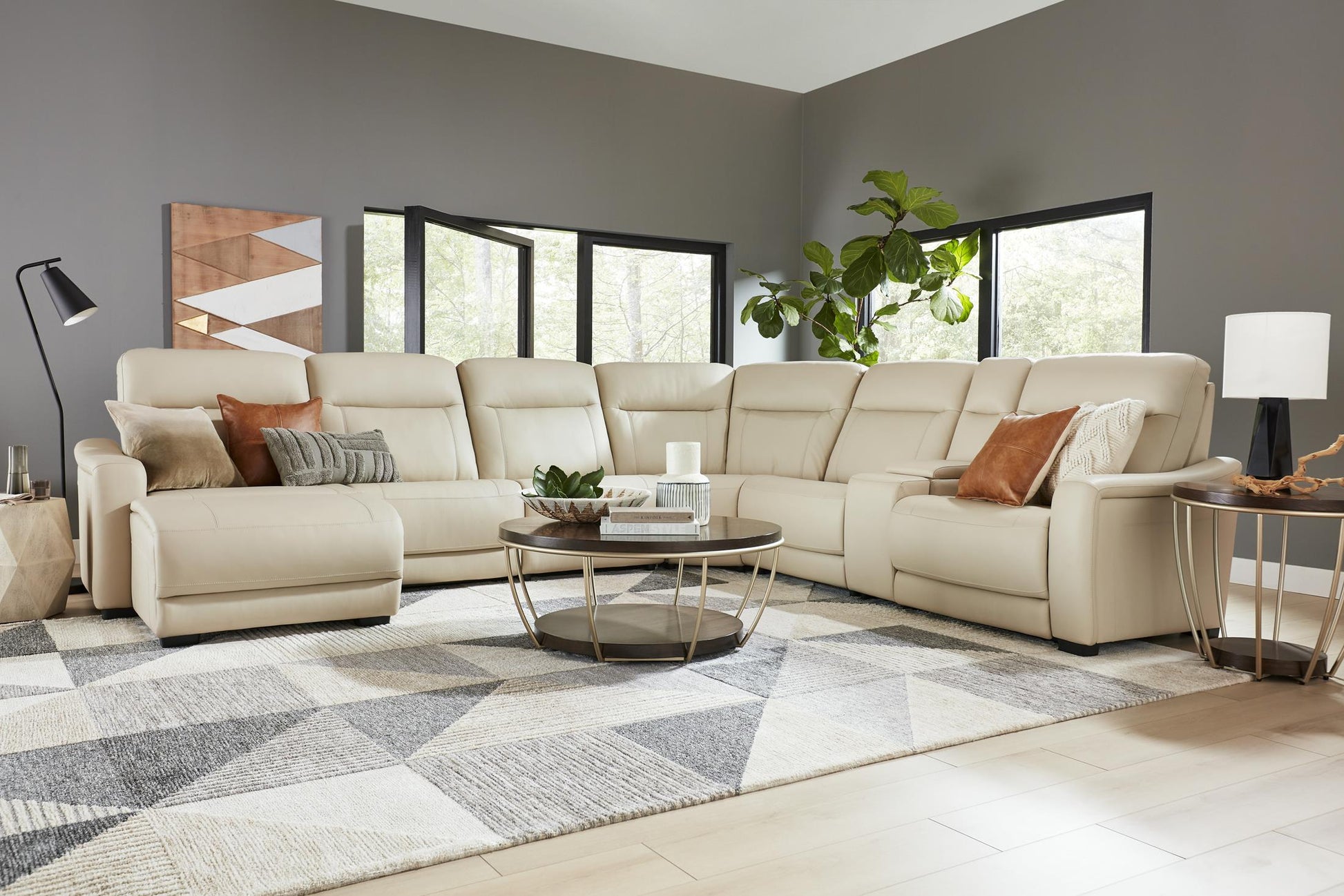 Newport 6-Piece Almond Leather Power Reclining Sectional with Chaise