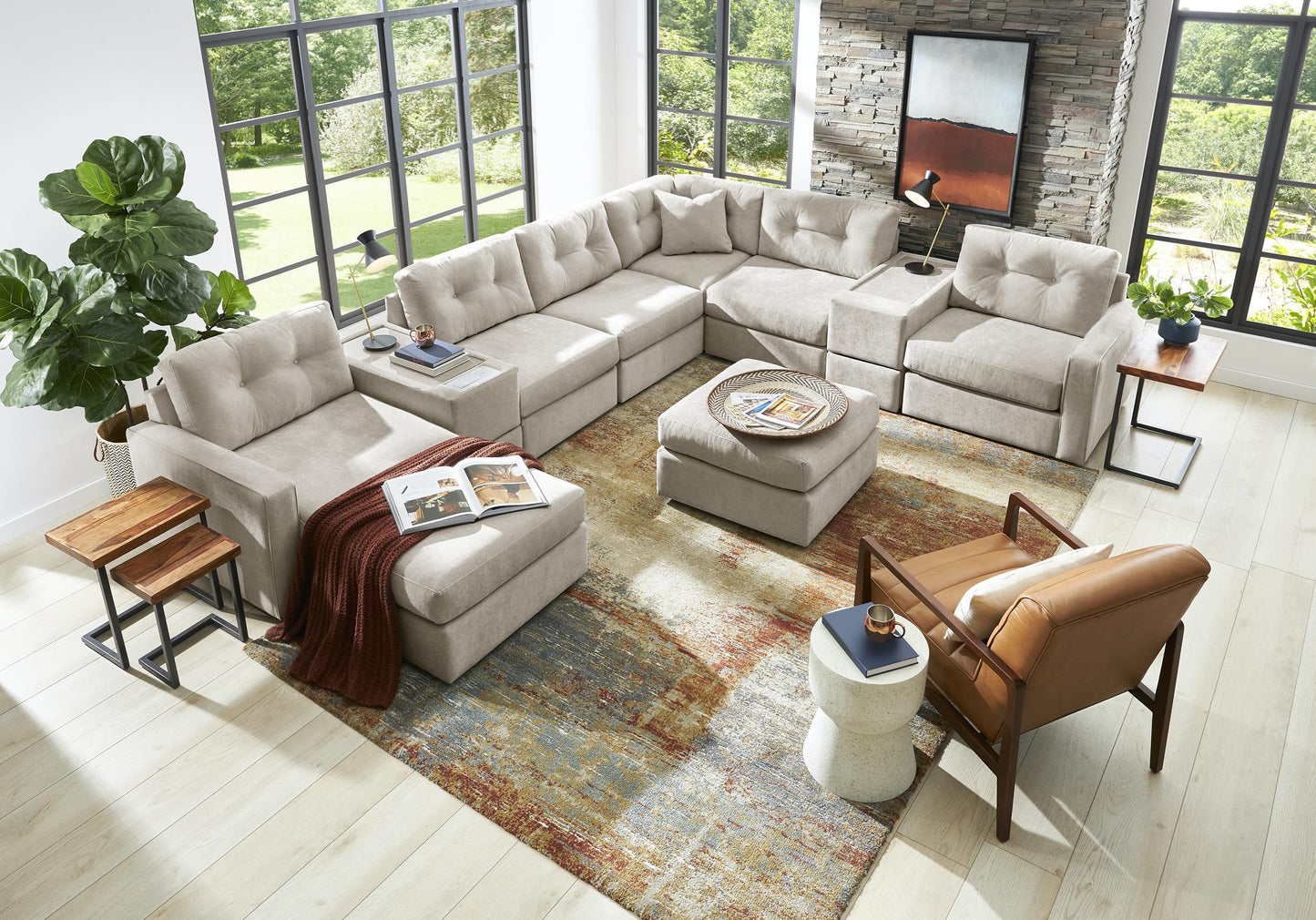 One Modular Left Facing 8-Piece Sectional with E-Console - Stone