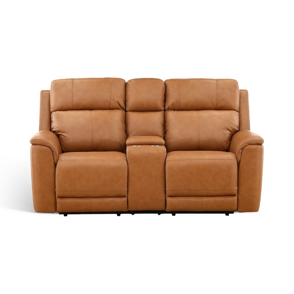 Samarah Power Leather Reclining Console Loveseat Butternut