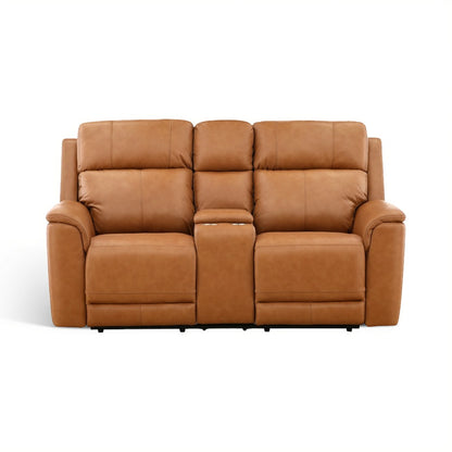 Samarah Power Leather Reclining Console Loveseat Butternut
