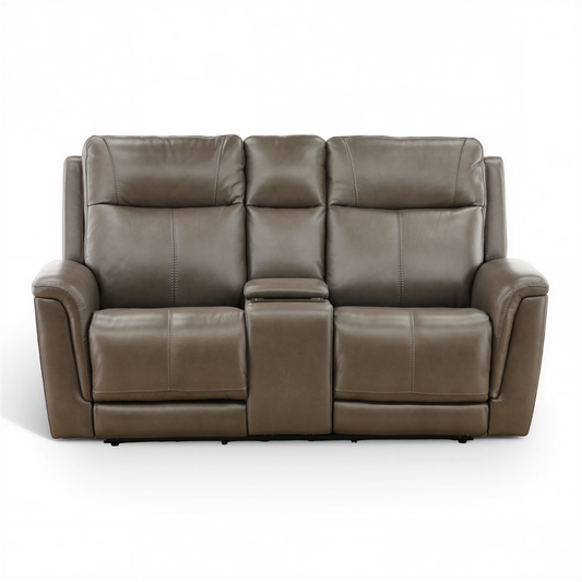 Flexsteel Trey Leather Power Reclining Console Loveseat Grey