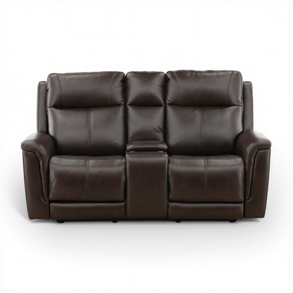 Flexsteel Trey Leather Power Reclining Console Loveseat Brown