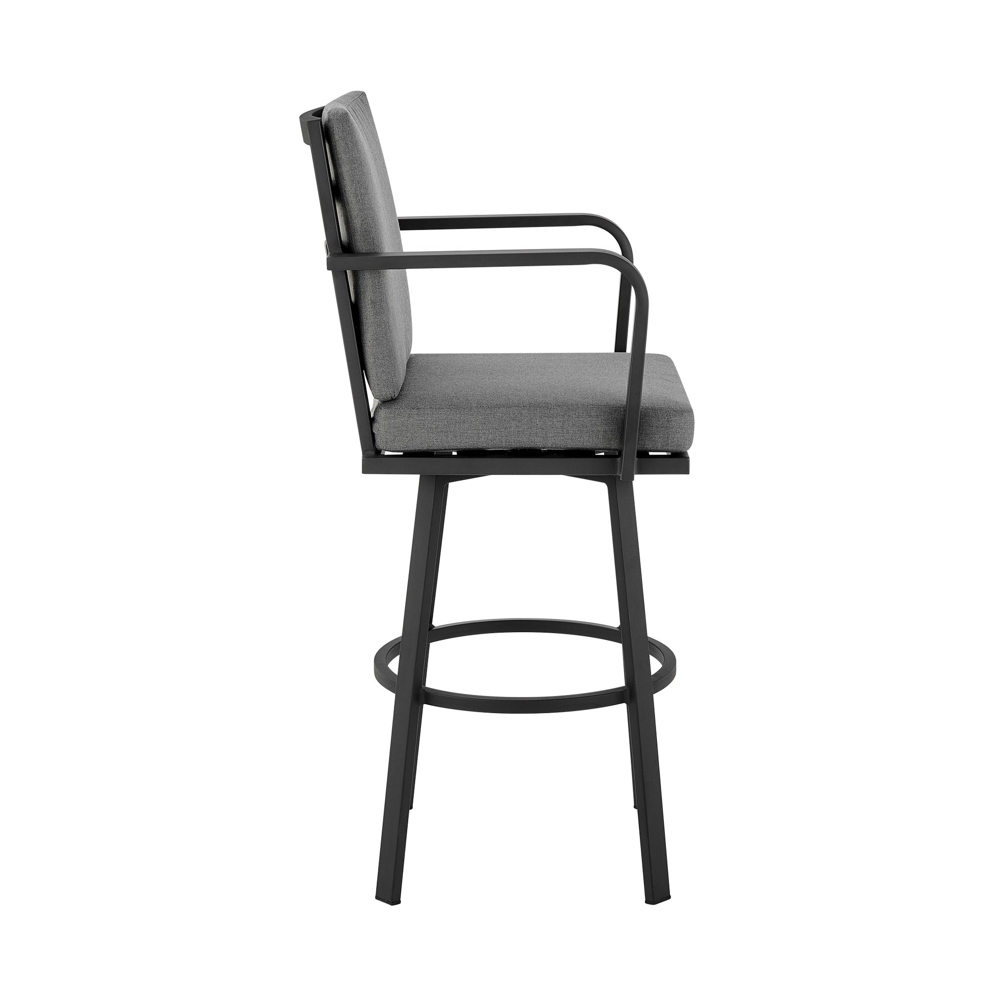 Don 26" Outdoor Patio Swivel Counter Stool in Black Aluminum with Grey Cushions