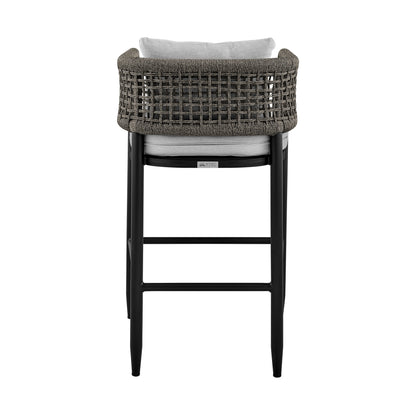 Felicia Outdoor Patio Bar Stool in Aluminum with Gray Rope and Cushions