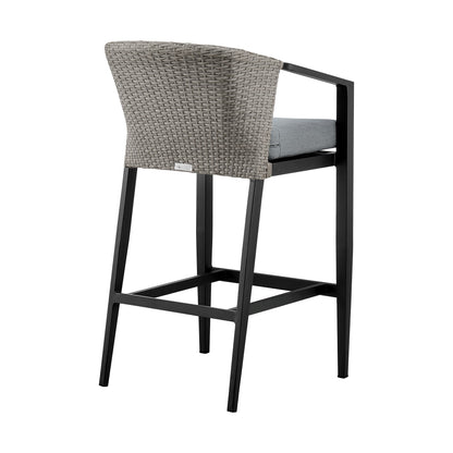 Aileen Outdoor Patio Counter Height Bar Stool in Aluminum and Wicker with Gray Cushions