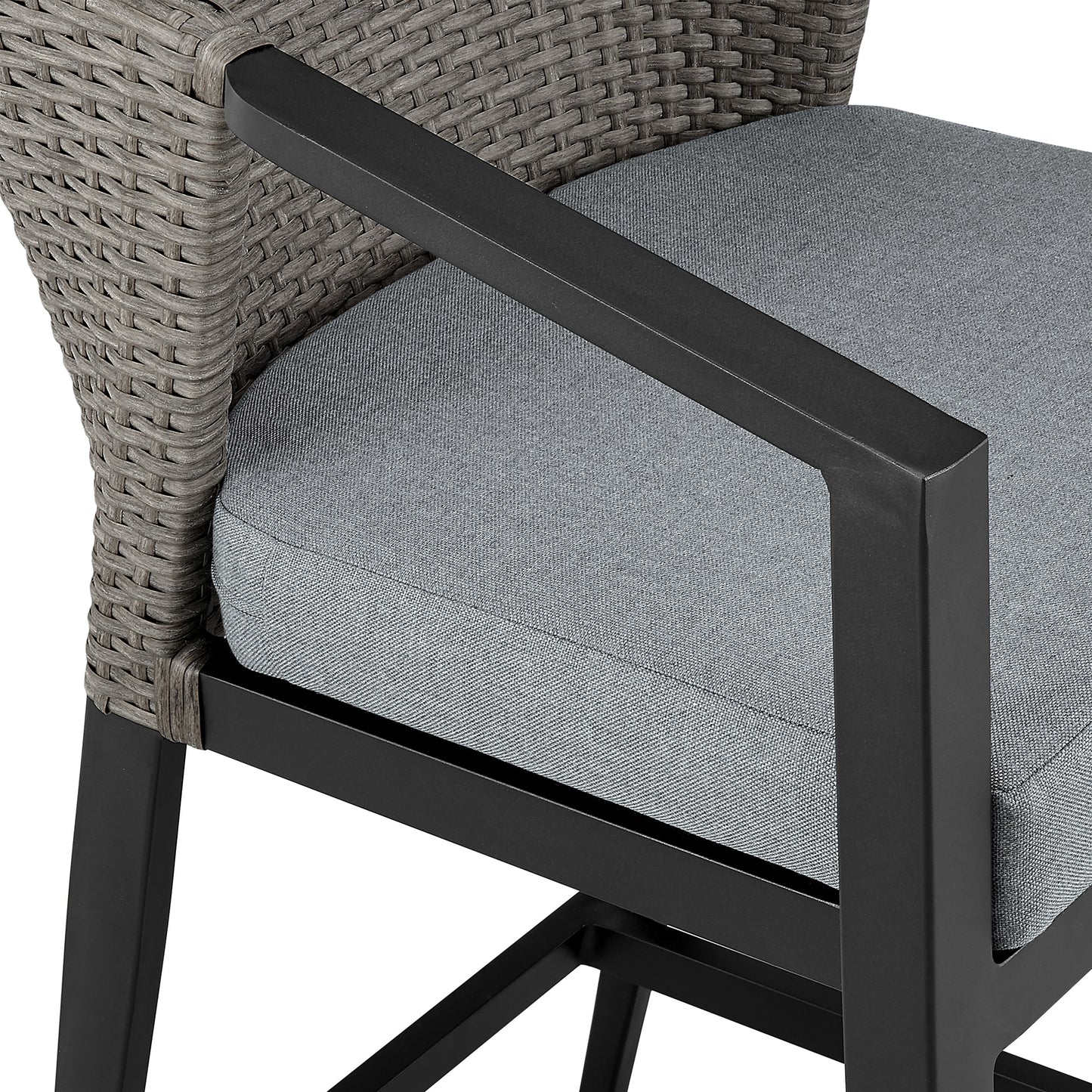 Aileen Outdoor Patio Counter Height Bar Stool in Aluminum and Wicker with Gray Cushions