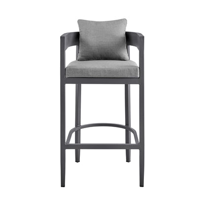 Argiope Outdoor Patio Counter Height Bar Stool in Aluminum with Gray Cushions