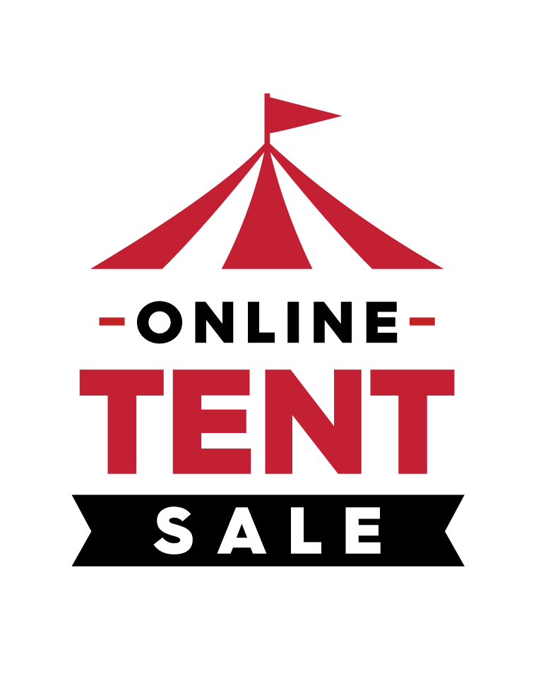 Promotional graphic with a red circus tent icon above the words 'ONLINE TENT SALE' on a white background.