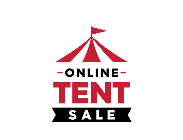 A promotional graphic with a red circus tent icon above the words 'ONLINE TENT SALE' on a white background.