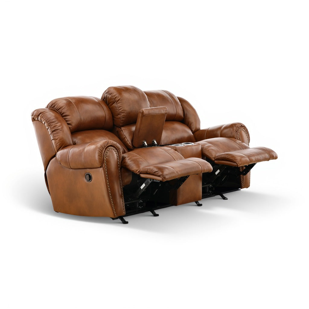 Falynn Leather Rocker Recliner Console Loveseat