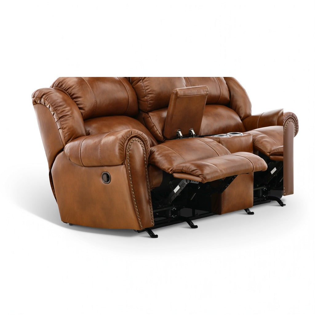 Falynn Leather Rocker Recliner Console Loveseat