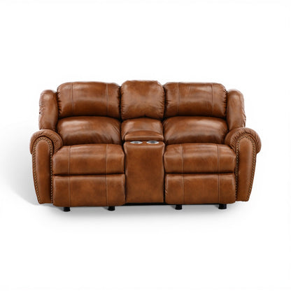Falynn Leather Rocker Recliner Console Loveseat Cognac