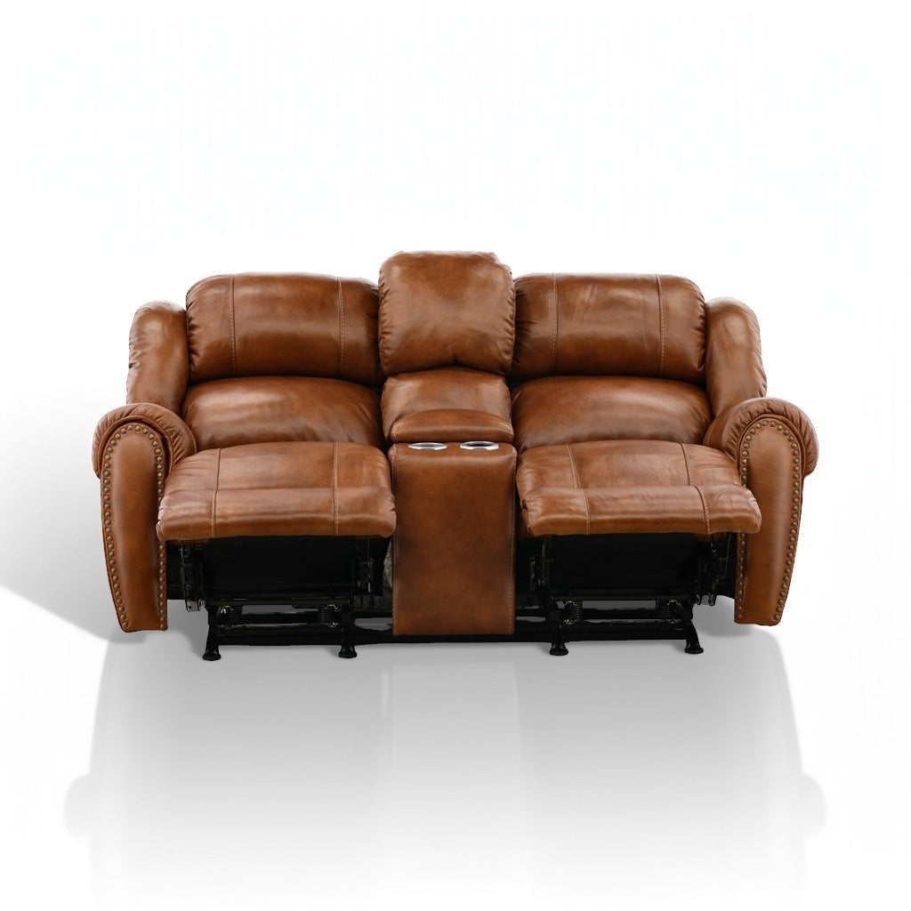 Falynn Leather Rocker Recliner Console Loveseat