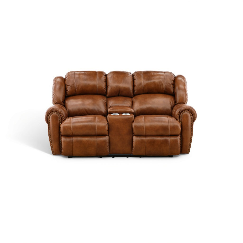 Falynn Leather Power Reclining Console Loveseat Cognac
