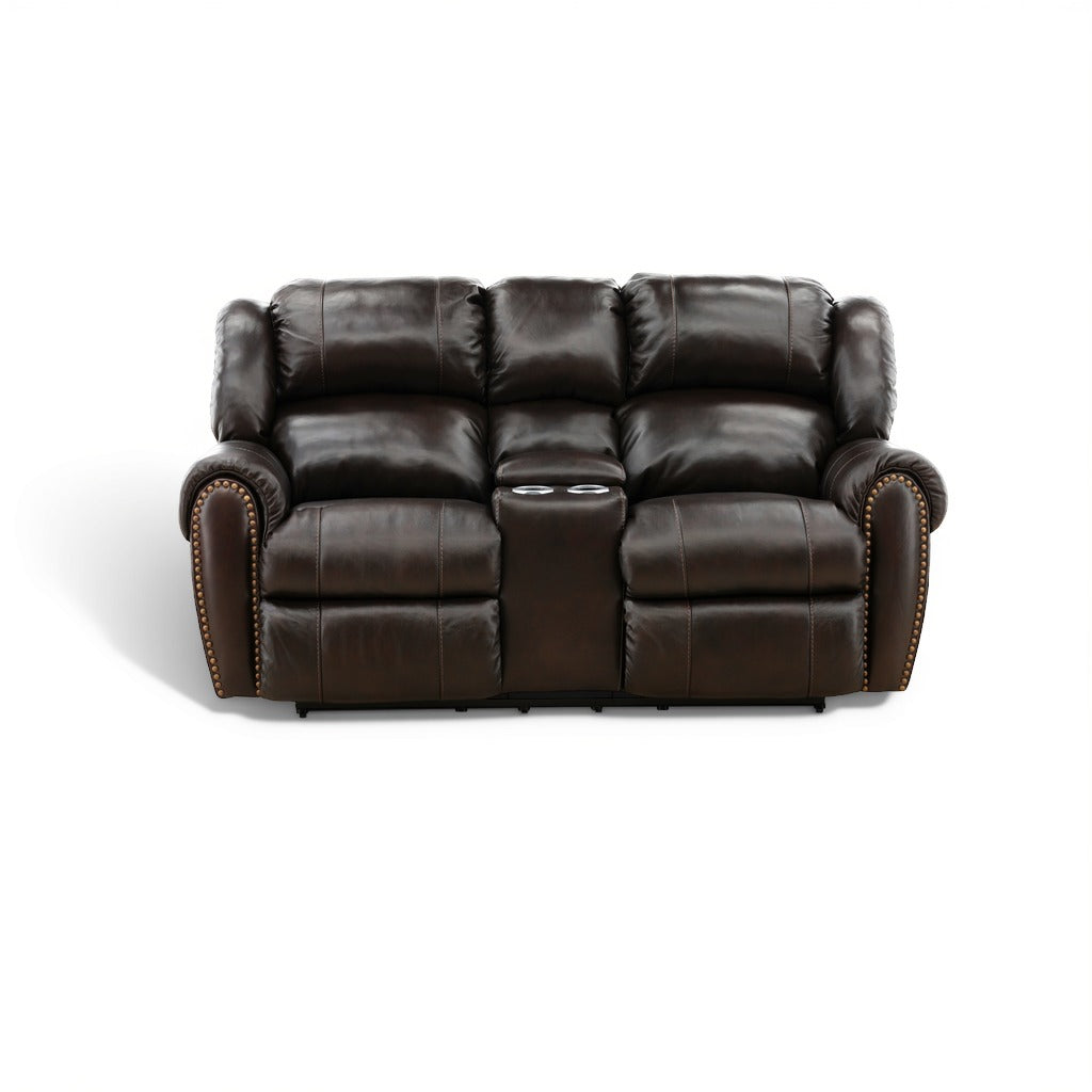 Falynn Leather Power Reclining Console Loveseat Dark Brown