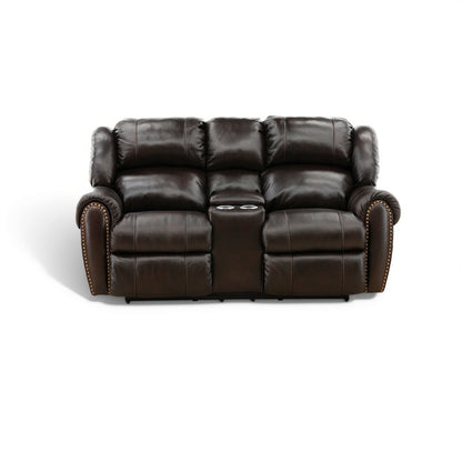 Falynn Leather Power Reclining Console Loveseat Dark Brown