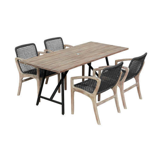 Koala and Brighton 5 Piece Outdoor Patio Dining Set in Light Eucalyptus Wood and Charcoal Rope