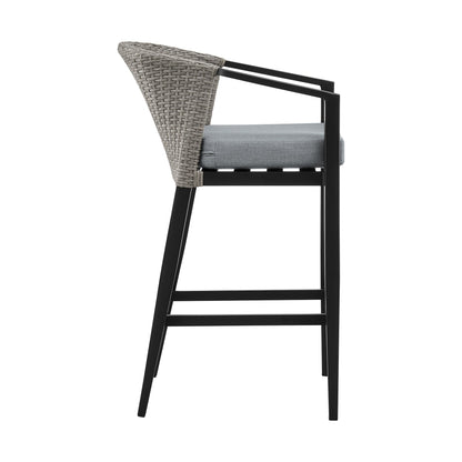 Aileen Outdoor Patio Bar Stool in Aluminum and Wicker with Gray Cushions