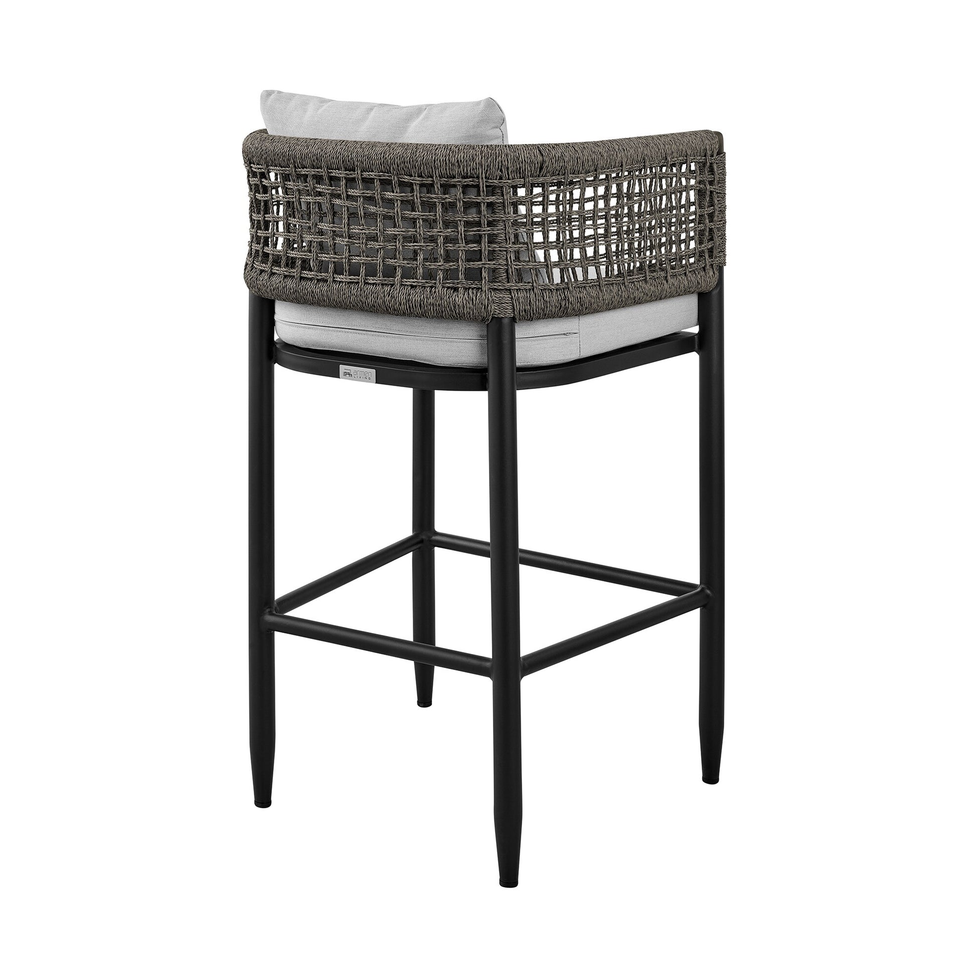 Felicia Outdoor Patio Counter Height Bar Stool in Aluminum with Gray Rope and Cushions