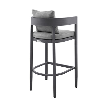 Argiope Outdoor Patio Counter Height Bar Stool in Aluminum with Gray Cushions