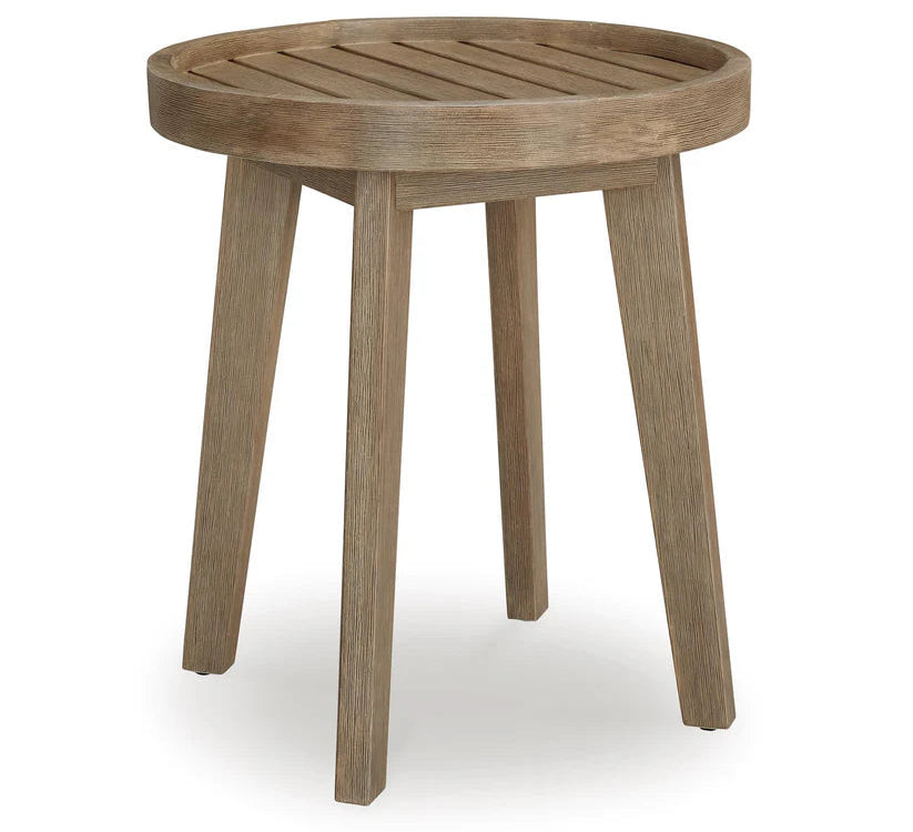 Wooden side table with a round top on a white background