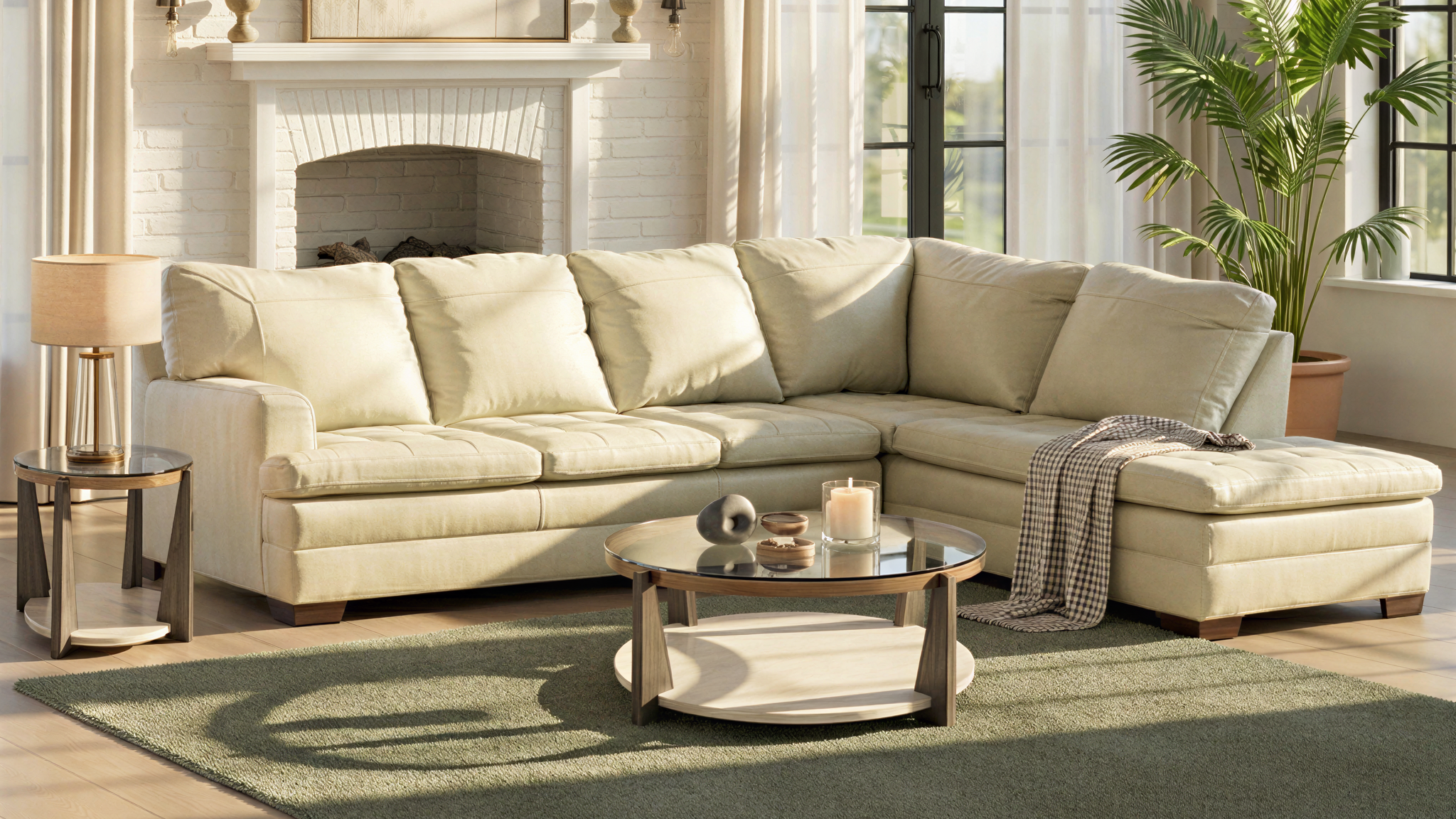 A light beige sectional sofa with a chaise lounge is styled in a bright, modern living room with a green area rug, round coffee table, and a potted palm plant.