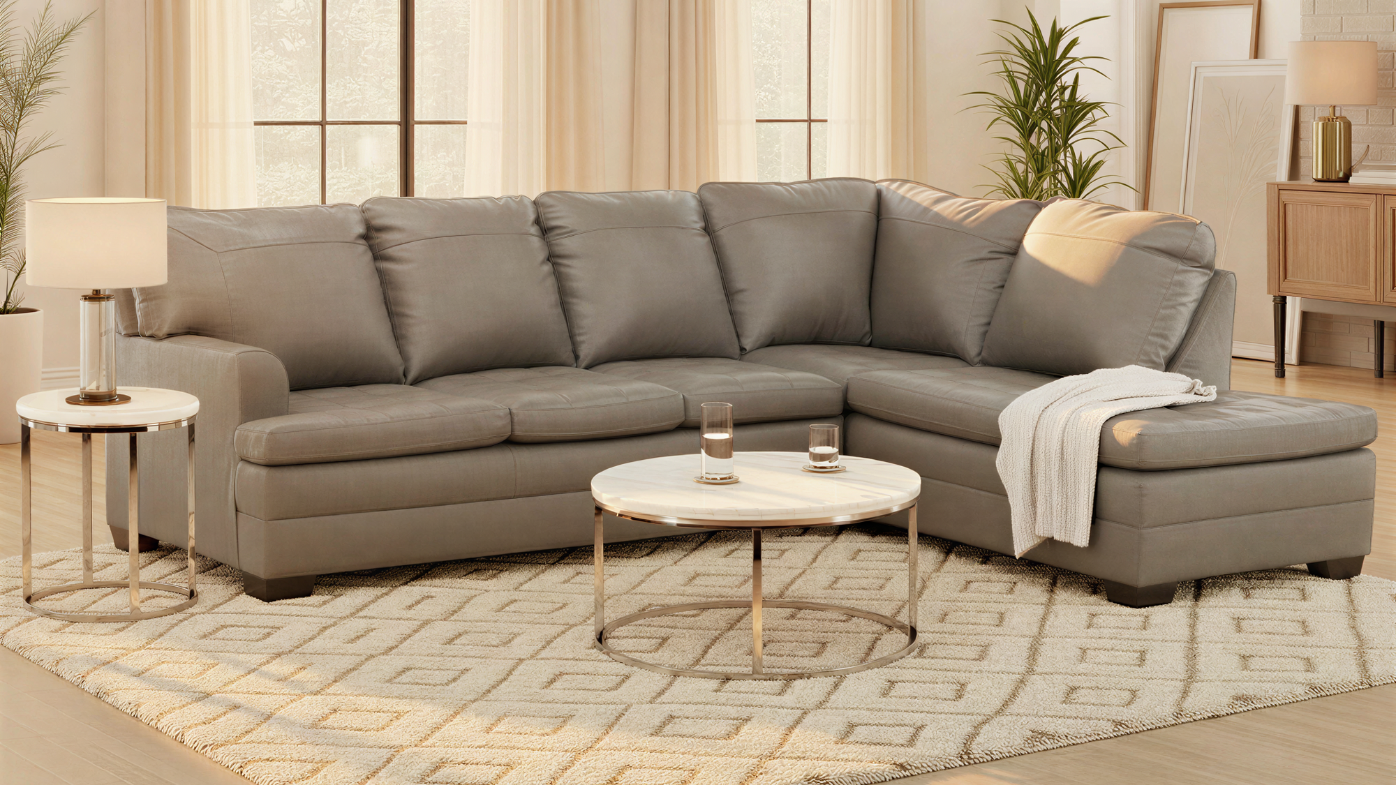 A large L-shaped sectional sofa in a warm gray color, styled in a bright, modern living room with beige curtains, a patterned rug, and a white coffee table.