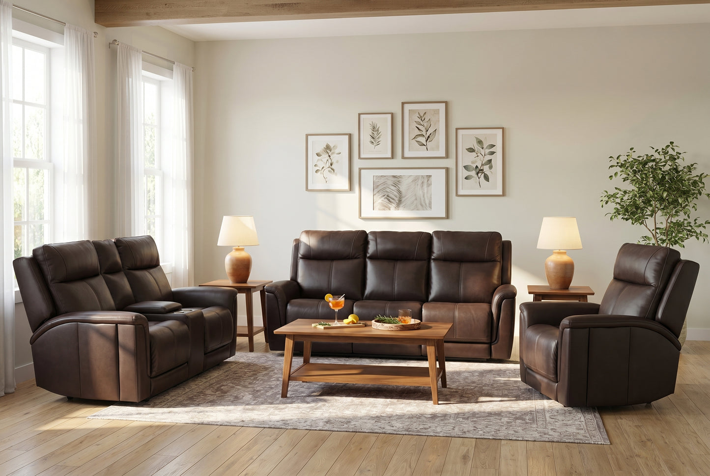Flexsteel Trey Leather Power Reclining Sofa with Drop-Down Table