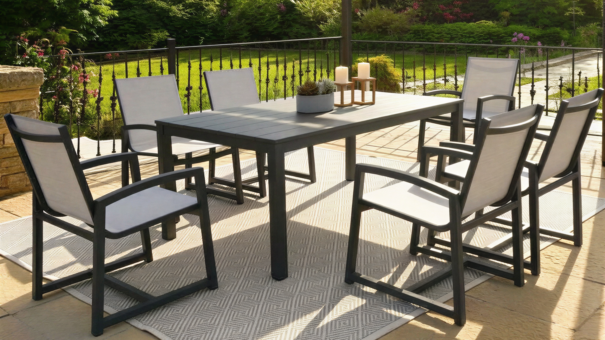 Outdoor patio set with table and chairs under a pergola on a sunny day.
