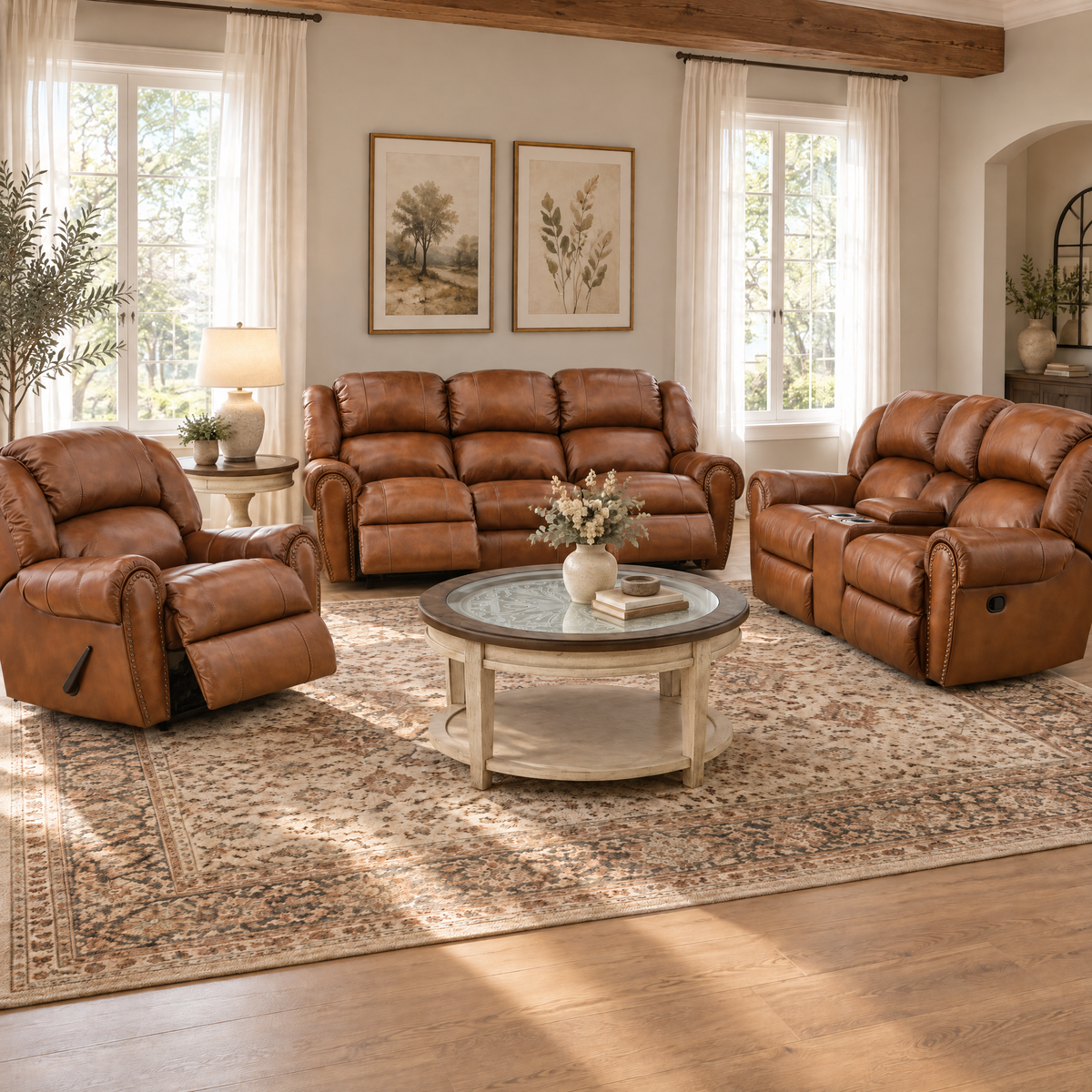 Falynn Leather Rocker Recliner Console Loveseat