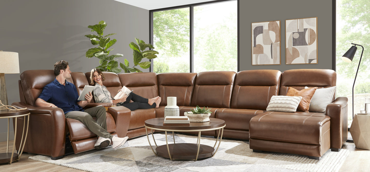 Newport 6-Piece Brown Leather Power Reclining Sectional with Chaise Right-Facing