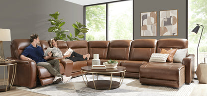 Newport 6-Piece Brown Leather Power Reclining Sectional with Chaise Right-Facing