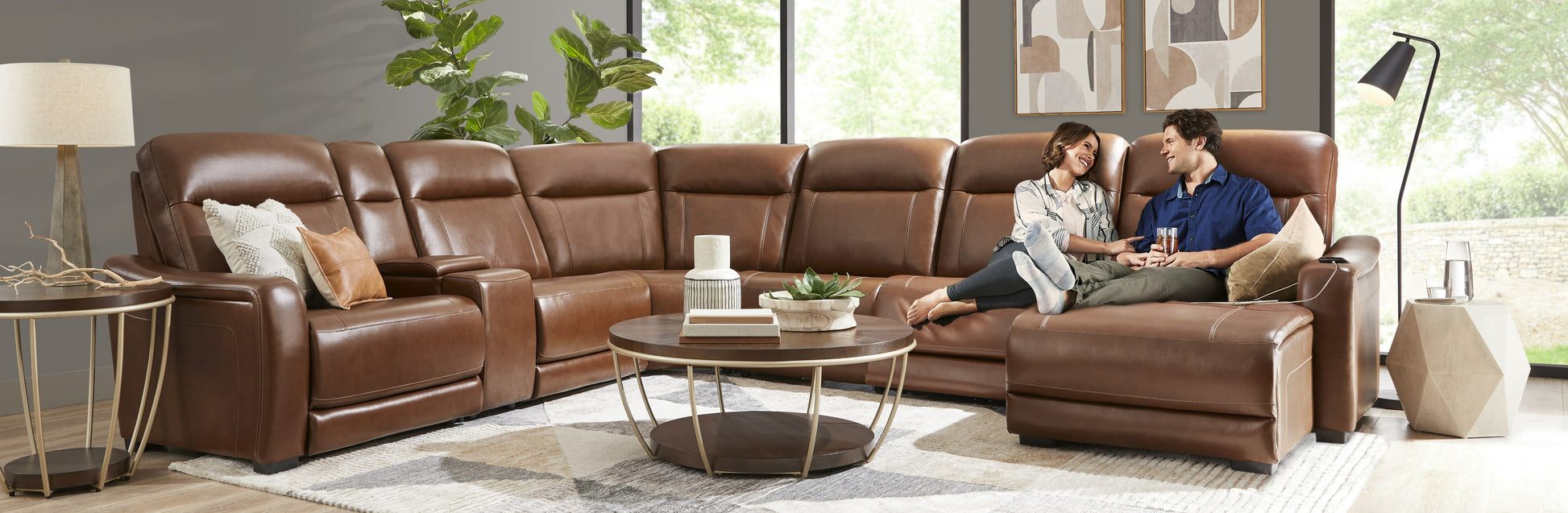 Newport 6-Piece Brown Leather Power Reclining Sectional with Chaise