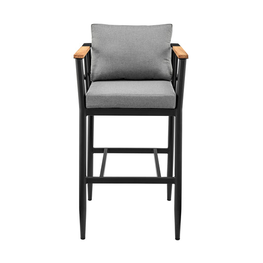 Wiglaf Outdoor Patio Counter Height Bar Stool in Aluminum and Teak with Gray Cushions