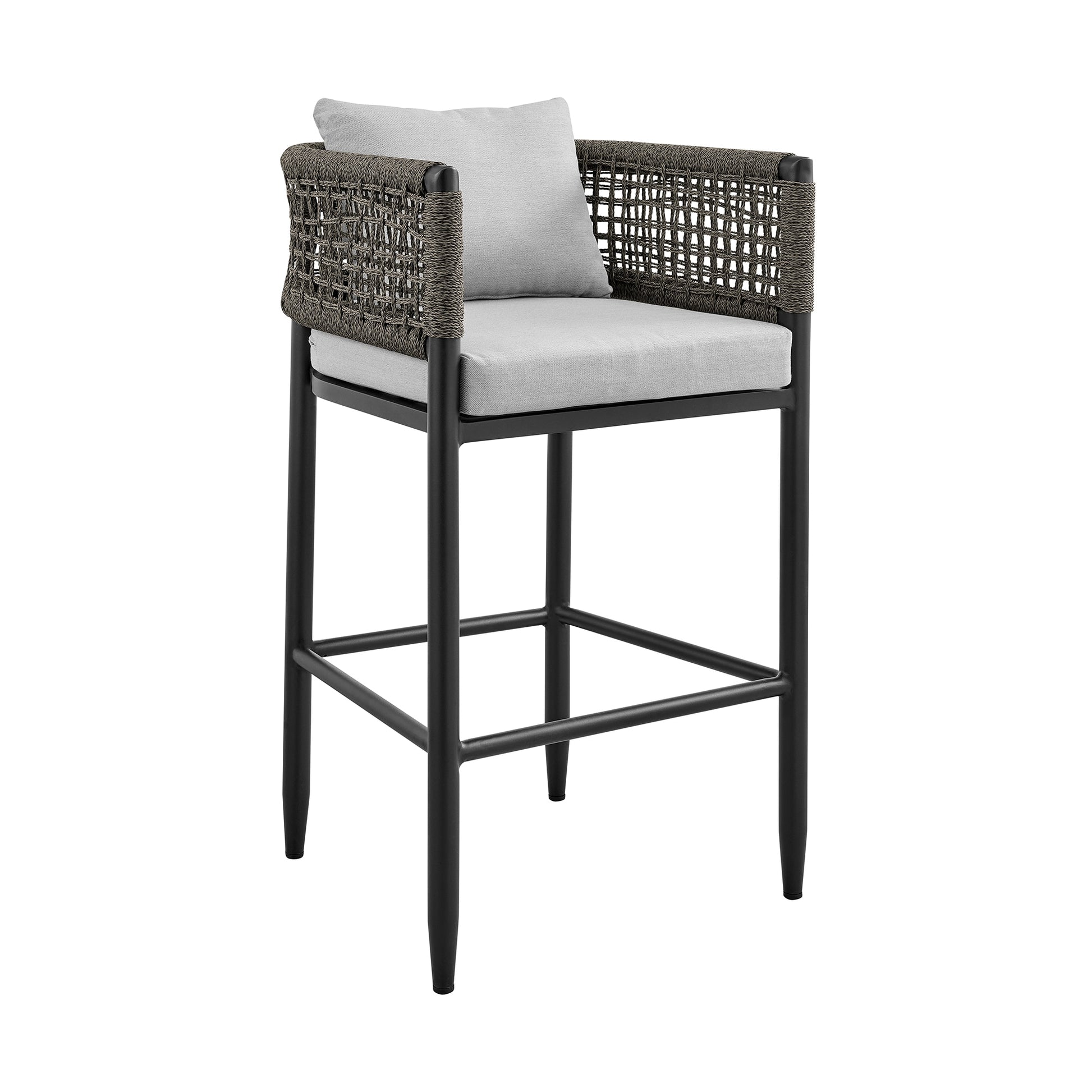 Felicia Outdoor Patio 5-Piece Bar Table Set in Aluminum with Gray Rope and Cushions