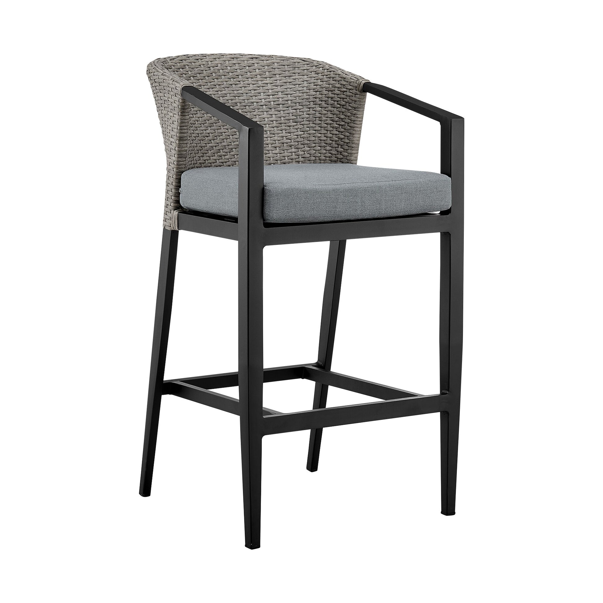 Aileen Outdoor Patio Counter Height Bar Stool in Aluminum and Wicker with Gray Cushions