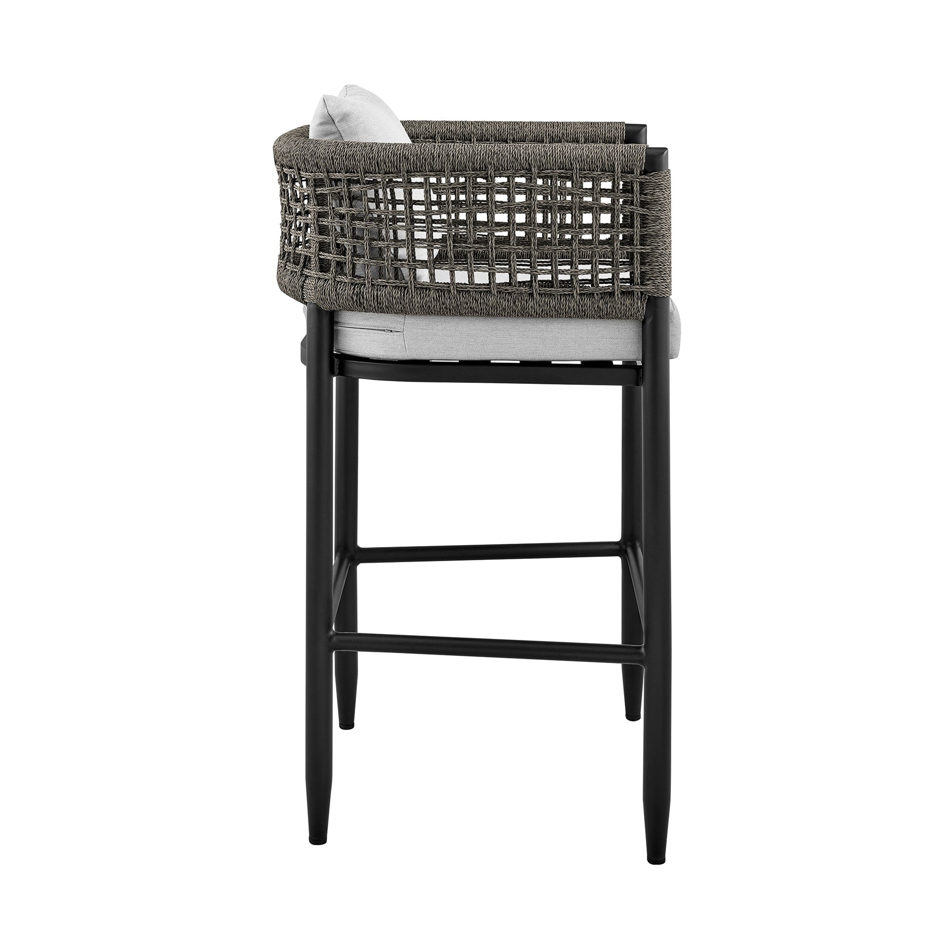 Felicia Outdoor Patio Counter Height Bar Stool in Aluminum with Gray Rope and Cushions