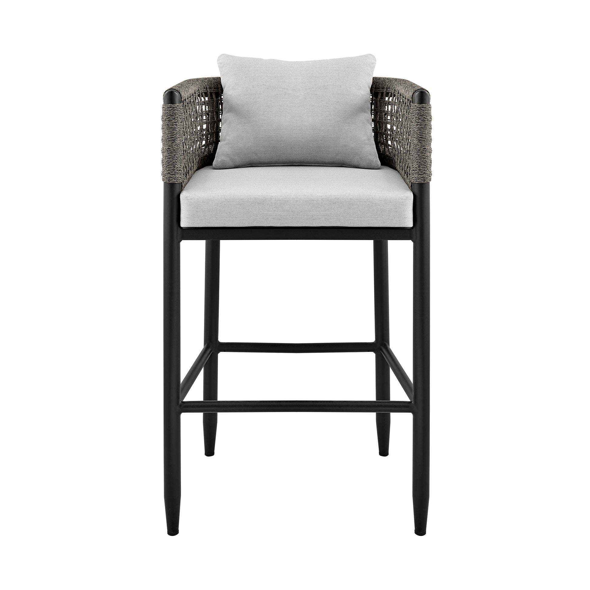 Felicia Outdoor Patio Bar Stool in Aluminum with Gray Rope and Cushions