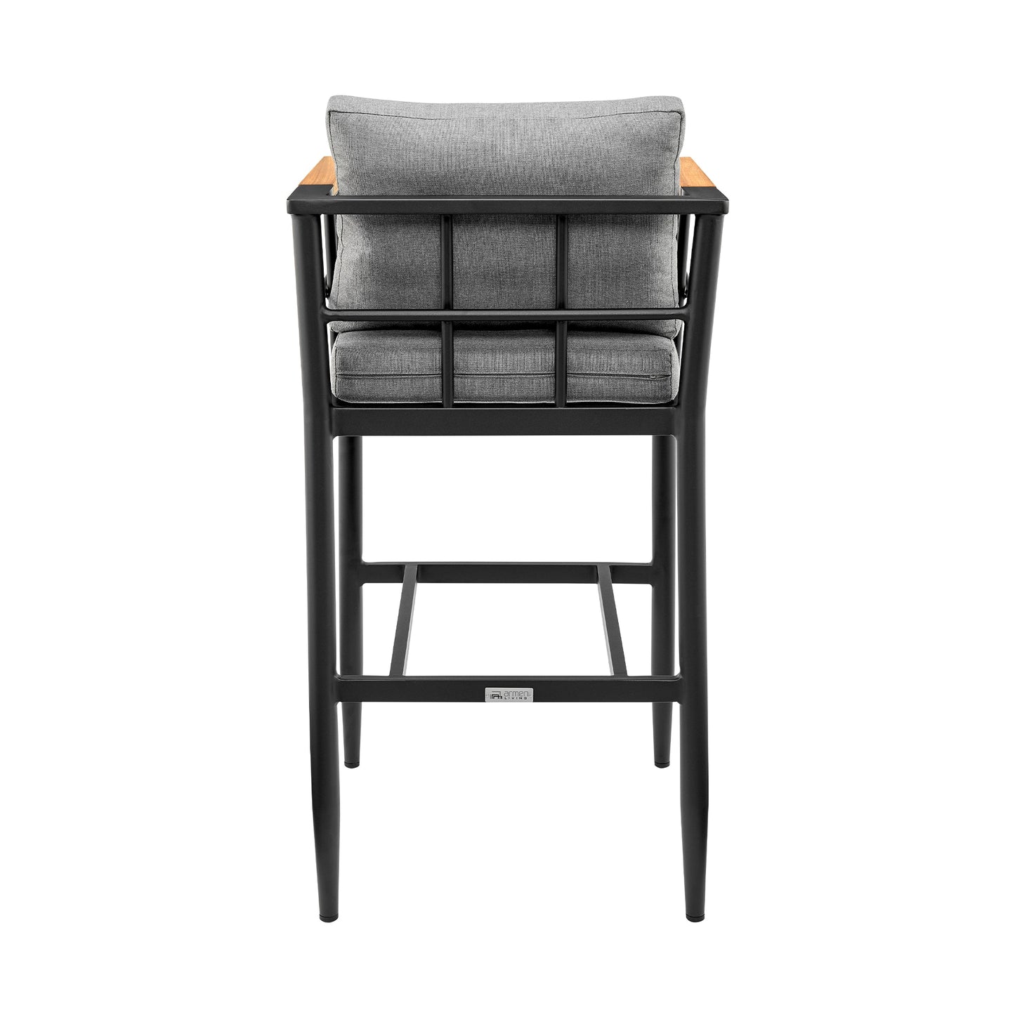 Wiglaf Outdoor Patio Counter Height Bar Stool in Aluminum and Teak with Gray Cushions