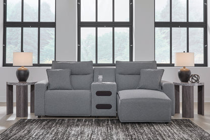 Ashley ModMax II 3-Piece Next-Gen Nuvella™ Performance Fabric Dual Power Reclining Modular Sectional with Chaise and Audio Console