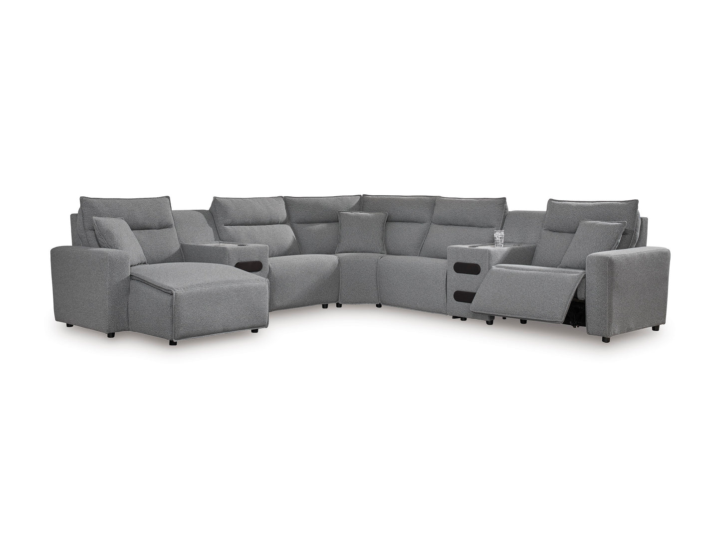 Ashley ModMax II 7-Piece Next-Gen Nuvella™ Performance Fabric Dual Power Reclining Modular Sectional with Chaise and Audio Consoles Left-Facing
