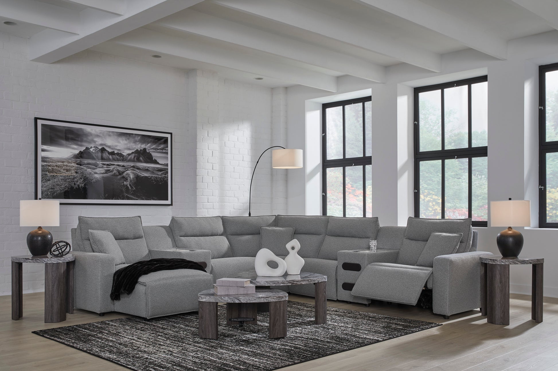 Ashley ModMax II 7-Piece Next-Gen Nuvella™ Performance Fabric Dual Power Reclining Modular Sectional with Chaise and Audio Consoles