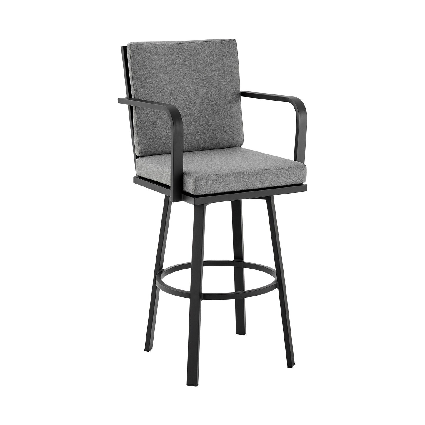 Don 26" Outdoor Patio Swivel Counter Stool in Black Aluminum with Grey Cushions