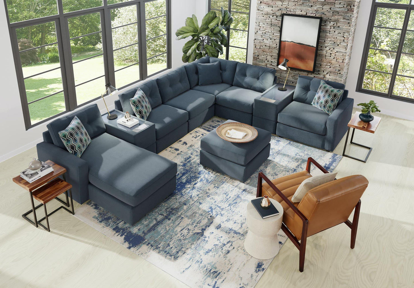 Modular One Left Facing 8-Piece Sectional with E-Console - Navy