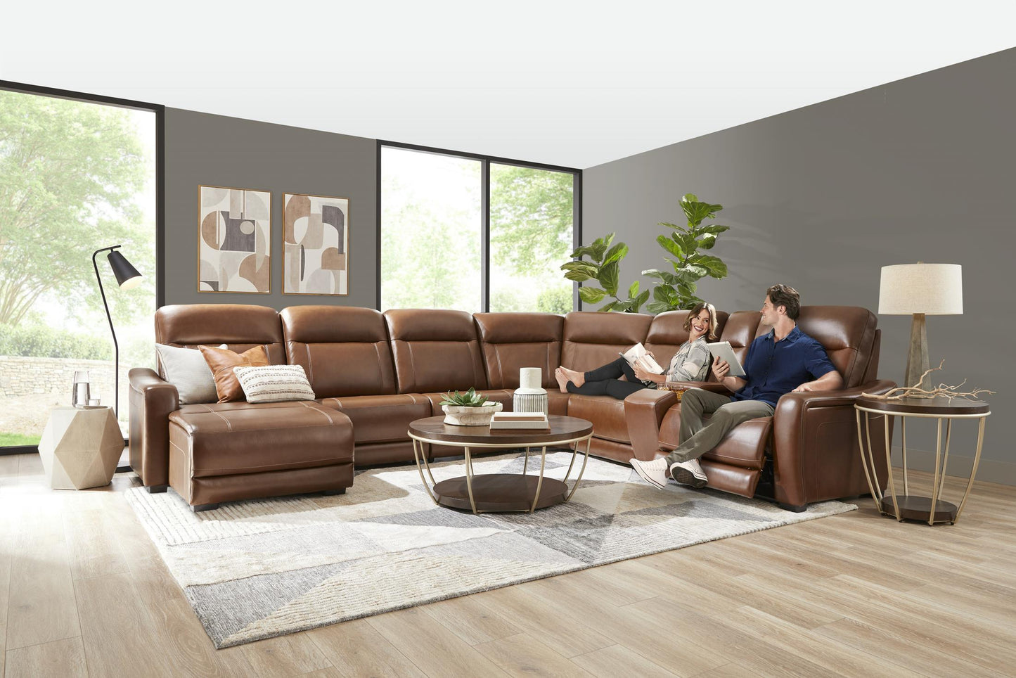 Newport 6-Piece Brown Leather Power Reclining Sectional with Chaise